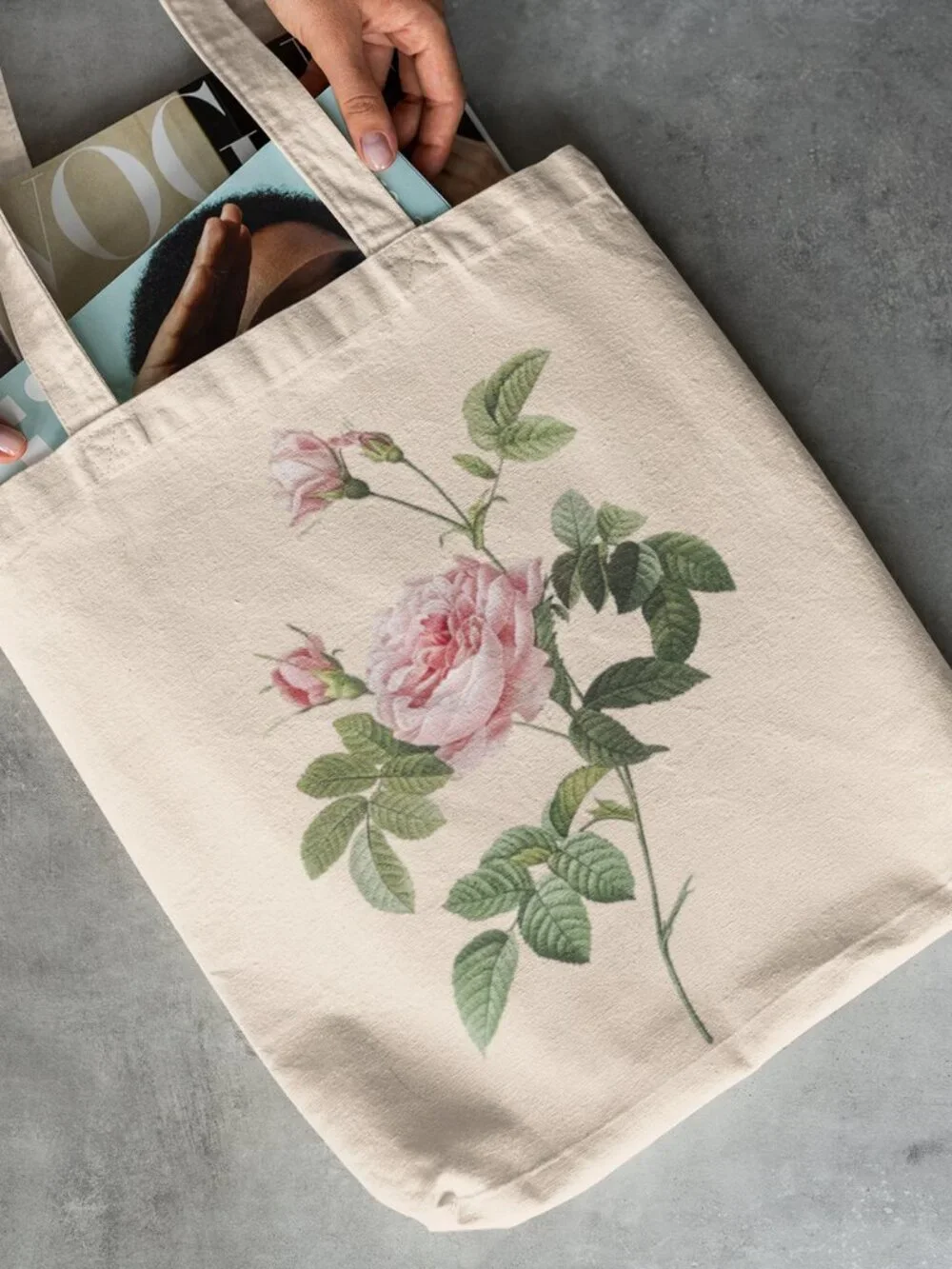 Boursault Rose Vintage Floral Print Graphic Canvas Tote Bag